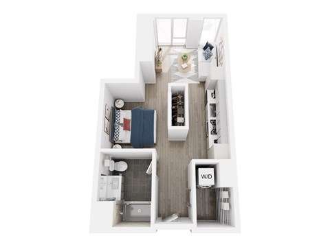 A top down view of a small apartment with a kitchen, living room, and bathroom.